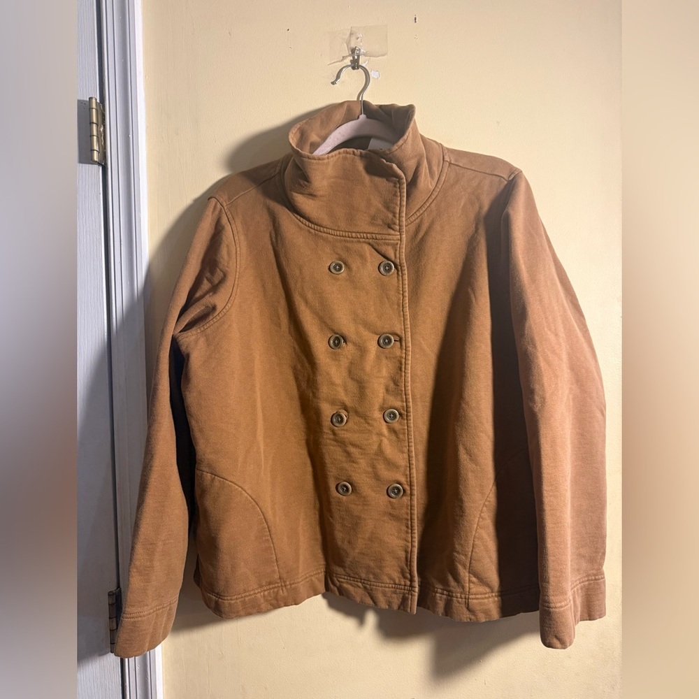 LANDS END Women's Tan Double-Breasted Sweatshirt Peacoat Jacket, XL